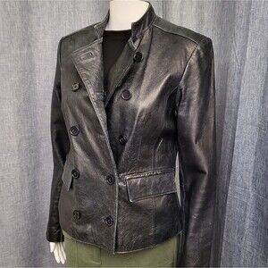 INC Intl Moto Jacket Leather Double Breasted Black Distressed VTG Women's S